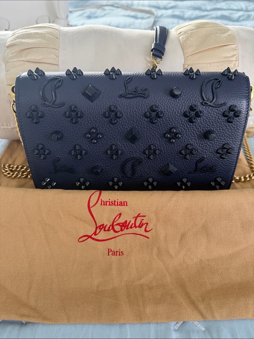 Christian Louboutin Navy Embossed Studded Leather Chain Crossbody Bag